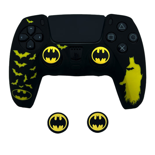 Black and Yellow Bat Anti-Slip Silicone Cover Skin for PS5 Controller, Soft Rubber Case for PS5 Wireless Controller With Thumb Grip Set