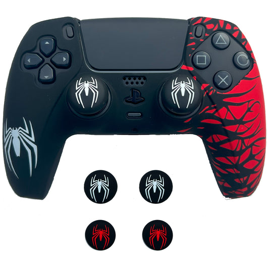 Black and Red Spider Anti-Slip Silicone Cover Skin for PS5 Controller with 2 Sets Thumb Grips