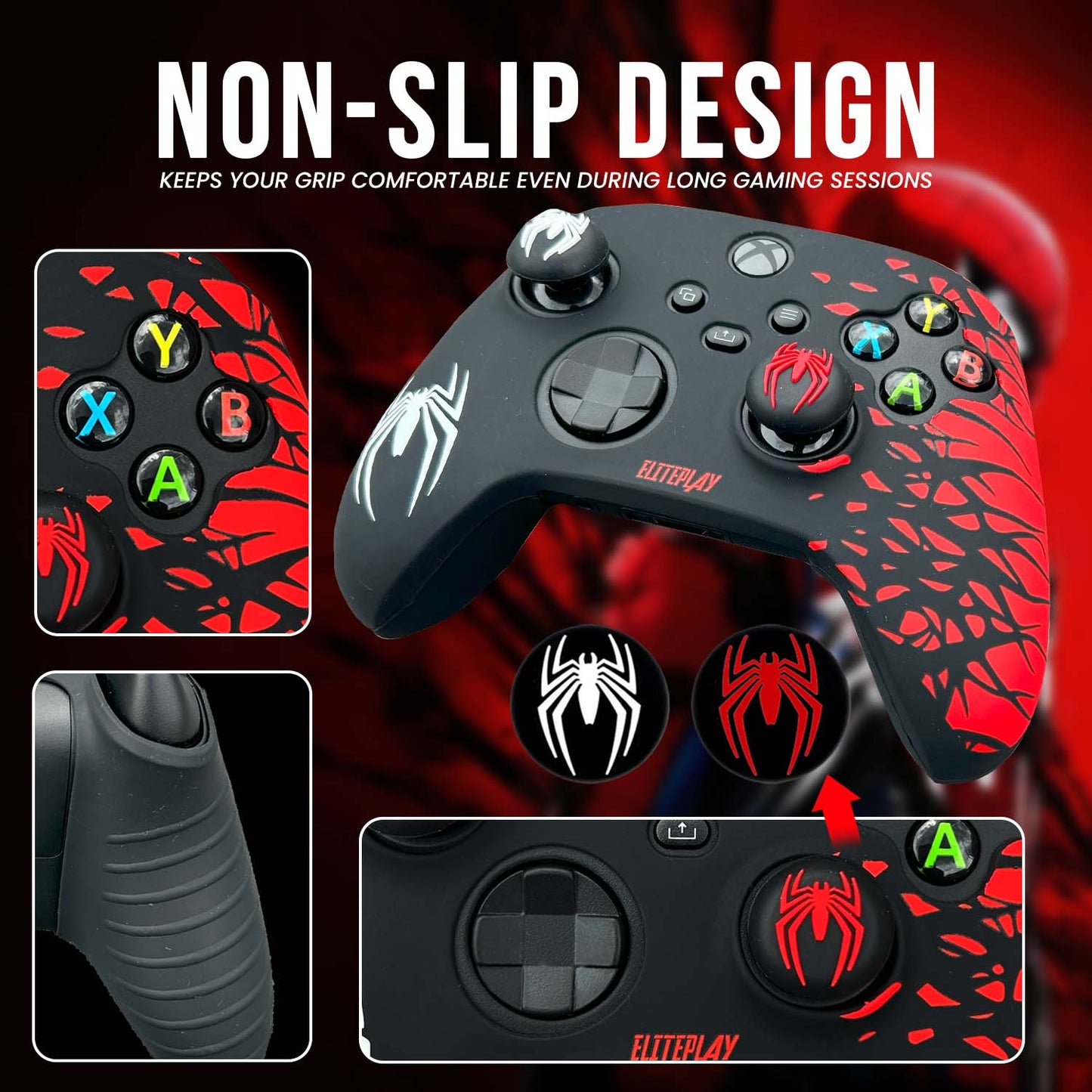 Black and Red Spider Anti-Slip Silicone Cover Skin for Xbox Controller with 2 Sets Thumb Grips