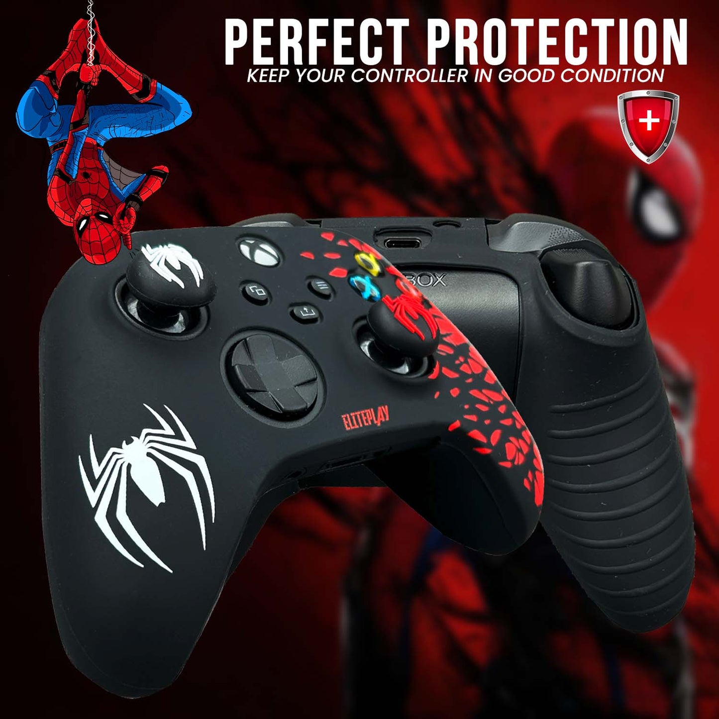 Black and Red Spider Anti-Slip Silicone Cover Skin for Xbox Controller with 2 Sets Thumb Grips