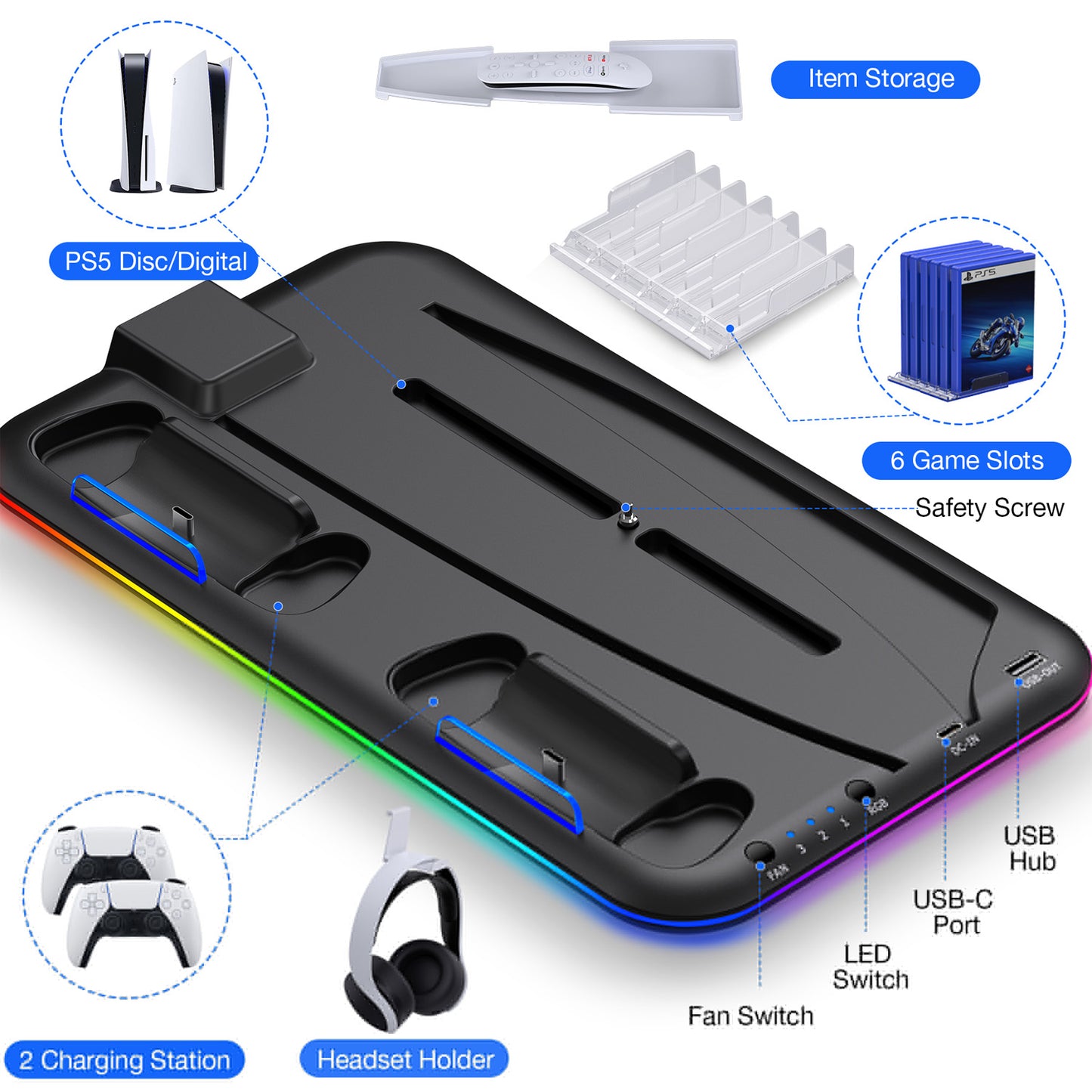 PS5 Cooling Station Stand with RGB Light Charging Station for PS5 Console, 2H Fast PS5 Controller Charger, PS5 Accessories with 6 Slot Game Disc Holder, Headset Mount