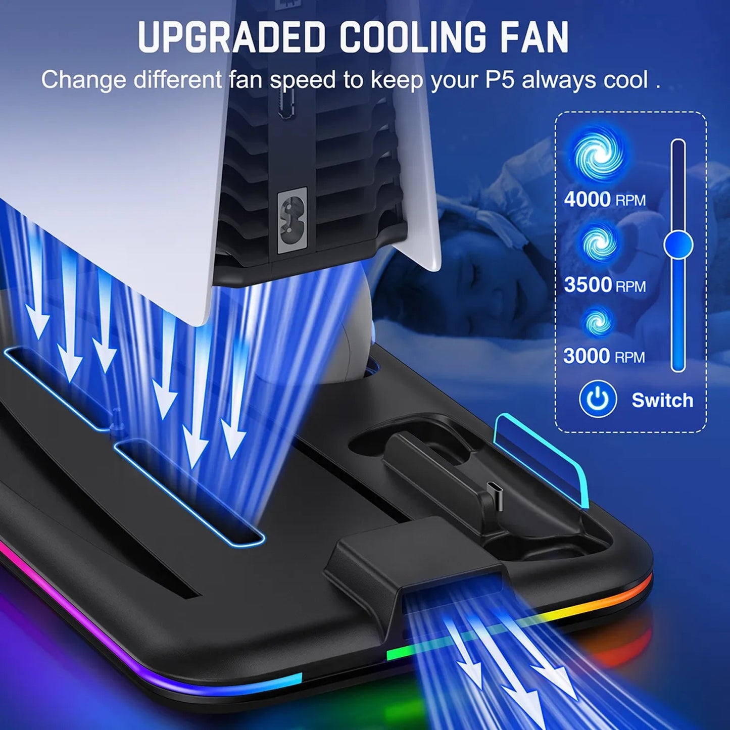 PS5 Cooling Station Stand with RGB Light Charging Station for PS5 Console, 2H Fast PS5 Controller Charger, PS5 Accessories with 6 Slot Game Disc Holder, Headset Mount