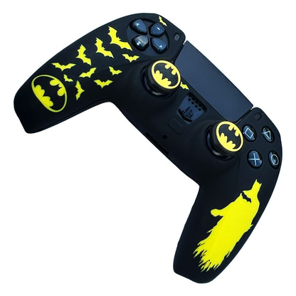 Black and Yellow Bat Anti-Slip Silicone Cover Skin for PS5 Controller, Soft Rubber Case for PS5 Wireless Controller With Thumb Grip Set