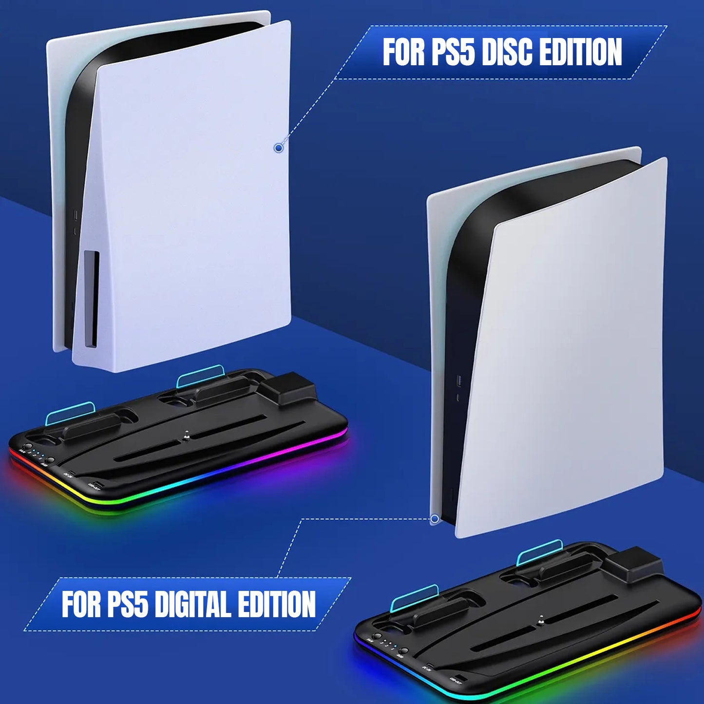 PS5 Cooling Station Stand with RGB Light Charging Station for PS5 Console, 2H Fast PS5 Controller Charger, PS5 Accessories with 6 Slot Game Disc Holder, Headset Mount