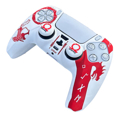 White and Red God of War Anti-Slip Silicone Cover Skin for PS5 Controller with 2 Sets Thumb Grips