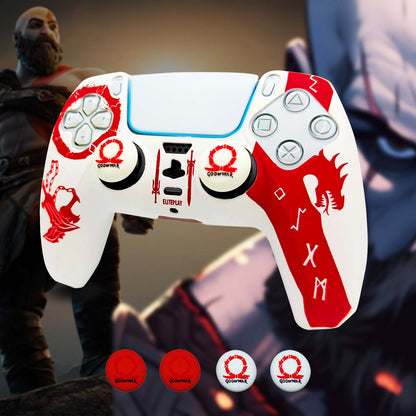 White and Red God of War Anti-Slip Silicone Cover Skin for PS5 Controller with 2 Sets Thumb Grips