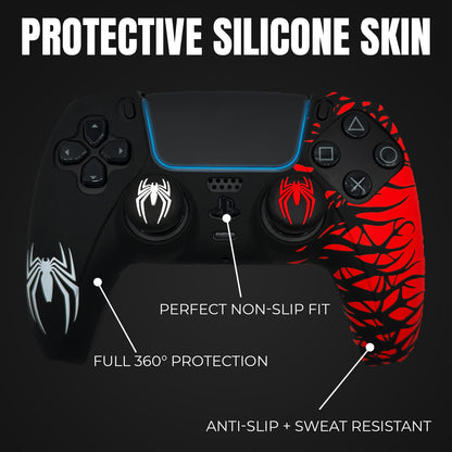 Black and Red Spider Anti-Slip Silicone Cover Skin for PS5 Controller with 2 Sets Thumb Grips