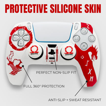 White and Red God of War Anti-Slip Silicone Cover Skin for PS5 Controller with 2 Sets Thumb Grips