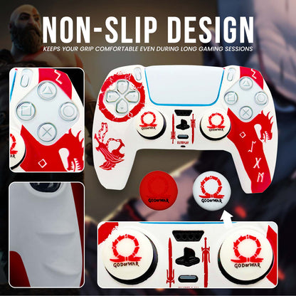 White and Red God of War Anti-Slip Silicone Cover Skin for PS5 Controller with 2 Sets Thumb Grips