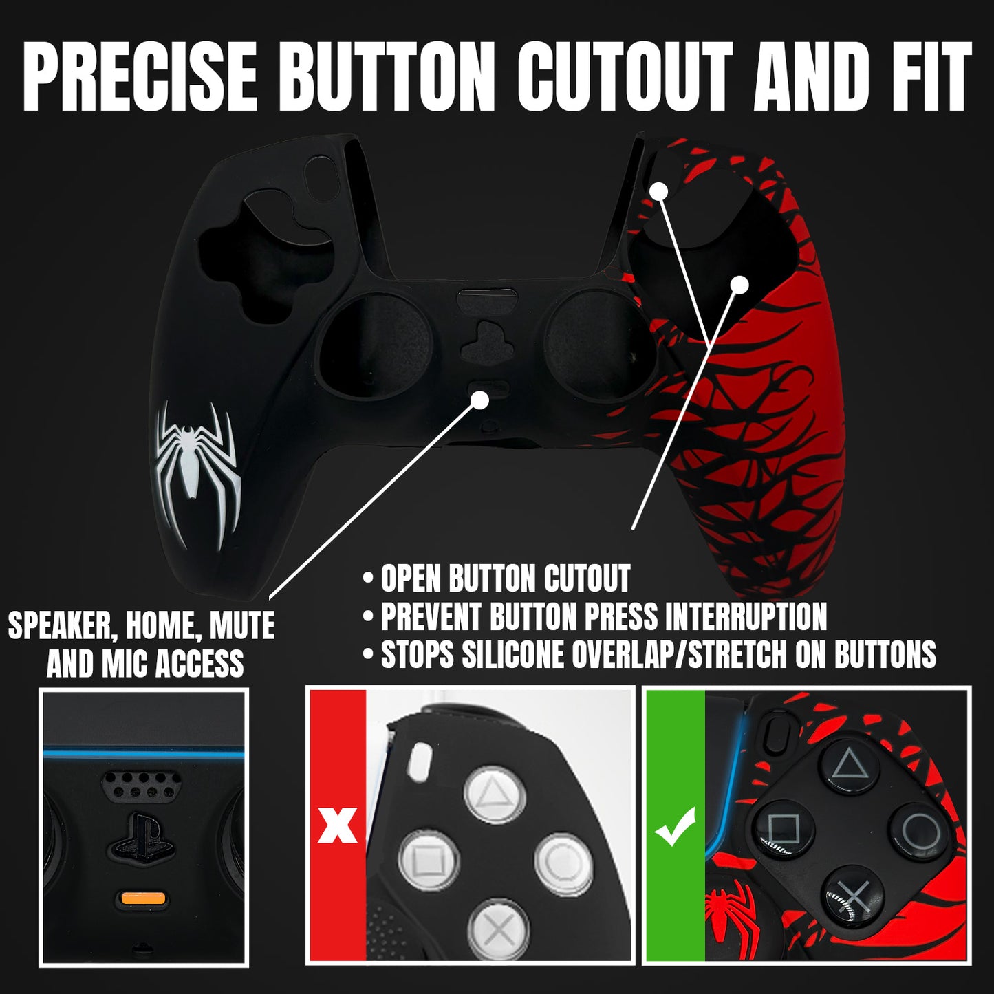 Black and Red Spider Anti-Slip Silicone Cover Skin for PS5 Controller with 2 Sets Thumb Grips