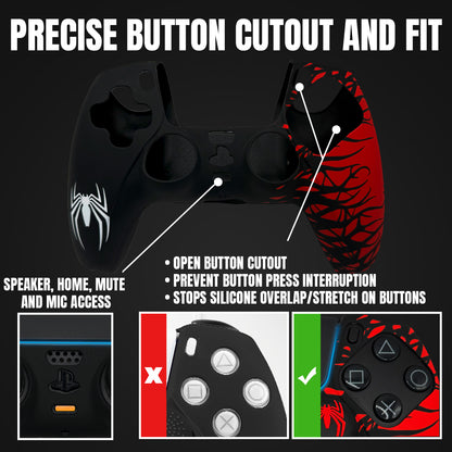 Black and Red Spider Anti-Slip Silicone Cover Skin for PS5 Controller with 2 Sets Thumb Grips