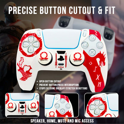 White and Red God of War Anti-Slip Silicone Cover Skin for PS5 Controller with 2 Sets Thumb Grips