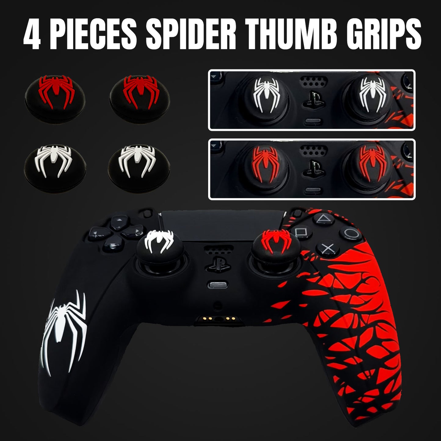 Black and Red Spider Anti-Slip Silicone Cover Skin for PS5 Controller with 2 Sets Thumb Grips