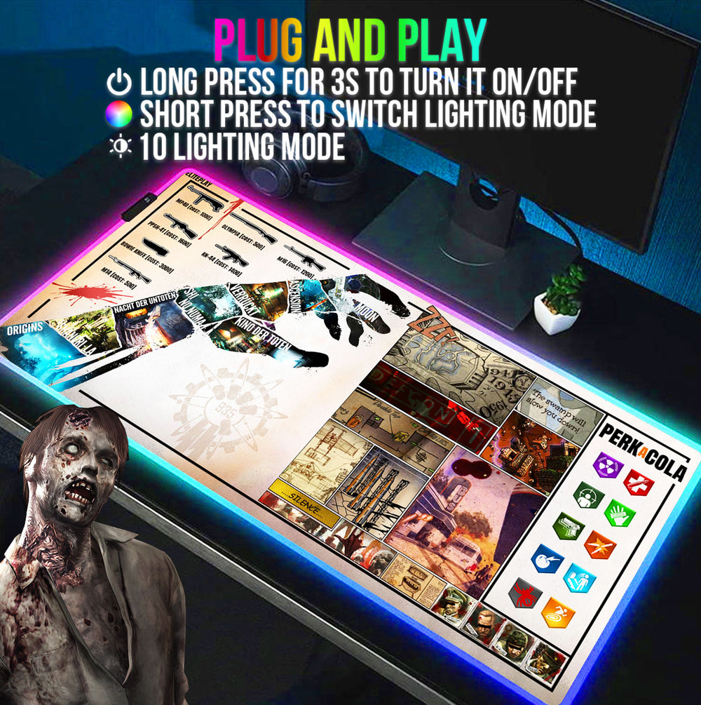 CoD Zombies Extra Large RGB LED Gaming Mouse Mat 900x400mm Oversize - XXL Mouse Pad