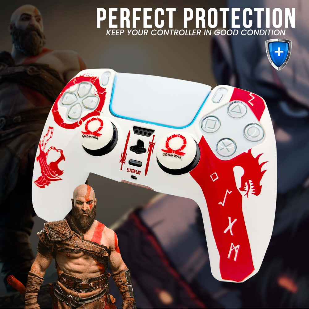 White and Red God of War Anti-Slip Silicone Cover Skin for PS5 Controller with 2 Sets Thumb Grips