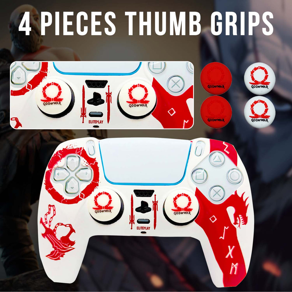 White and Red God of War Anti-Slip Silicone Cover Skin for PS5 Controller with 2 Sets Thumb Grips