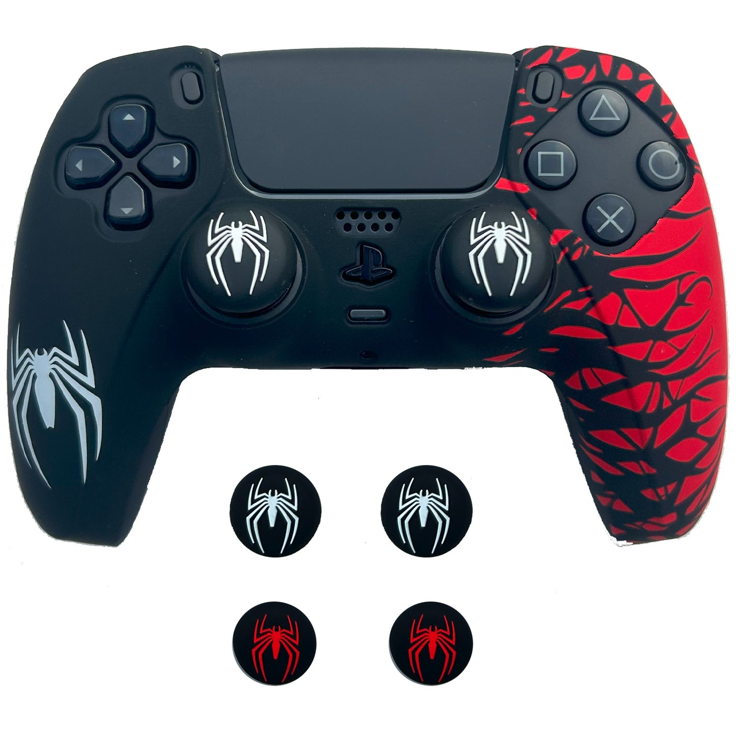 Black and Red Spider Anti-Slip Silicone Cover Skin for PS5 Controller with 2 Sets Thumb Grips