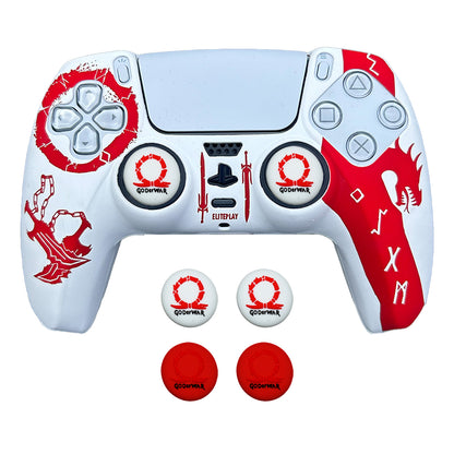 White and Red God of War Anti-Slip Silicone Cover Skin for PS5 Controller with 2 Sets Thumb Grips