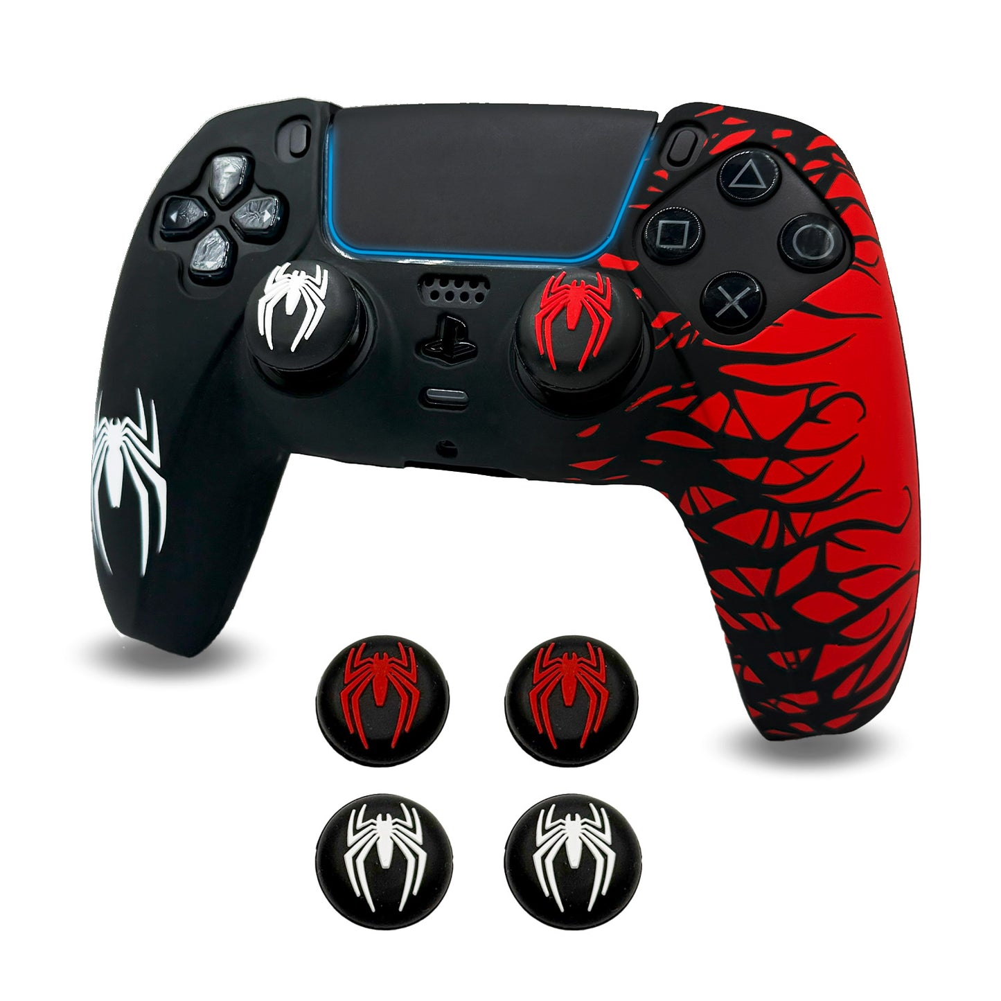 Black and Red Spider Anti-Slip Silicone Cover Skin for PS5 Controller with 2 Sets Thumb Grips