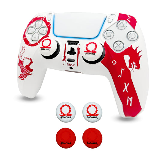 White and Red God of War Anti-Slip Silicone Cover Skin for PS5 Controller with 2 Sets Thumb Grips