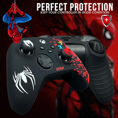 Black and Red Spider Anti-Slip Silicone Cover Skin for Xbox Controller with 2 Sets Thumb Grips