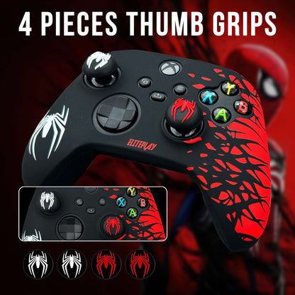 Black and Red Spider Anti-Slip Silicone Cover Skin for Xbox Controller with 2 Sets Thumb Grips